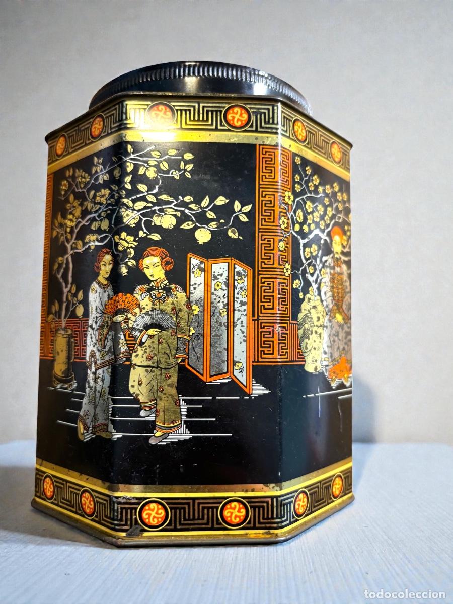 Vintage: Bote de hojalata de estilo chinoiserie vintage, metal negro, fabricado en Inglaterra.