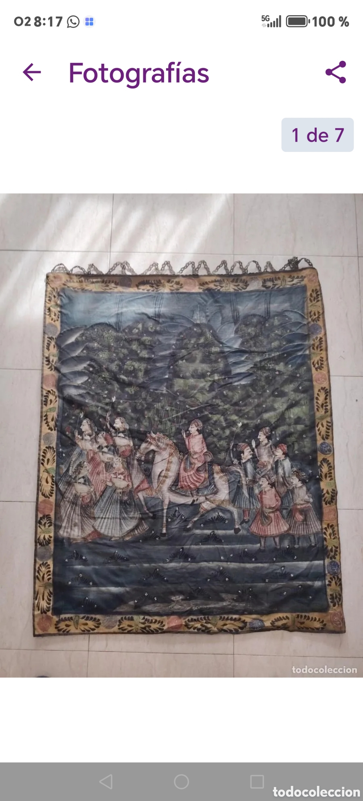 Vintage: Tela estilo tapiz, escena indu, pintura a mano. Origen india