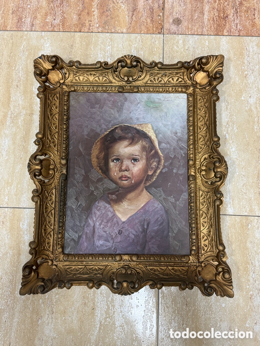 Vintage: Cuadro antiguo &ldquo;Ni&ntilde;a llorando&rdquo; firmado Bragolin con marco barroco dorado &ndash; pieza decorativa vintage
