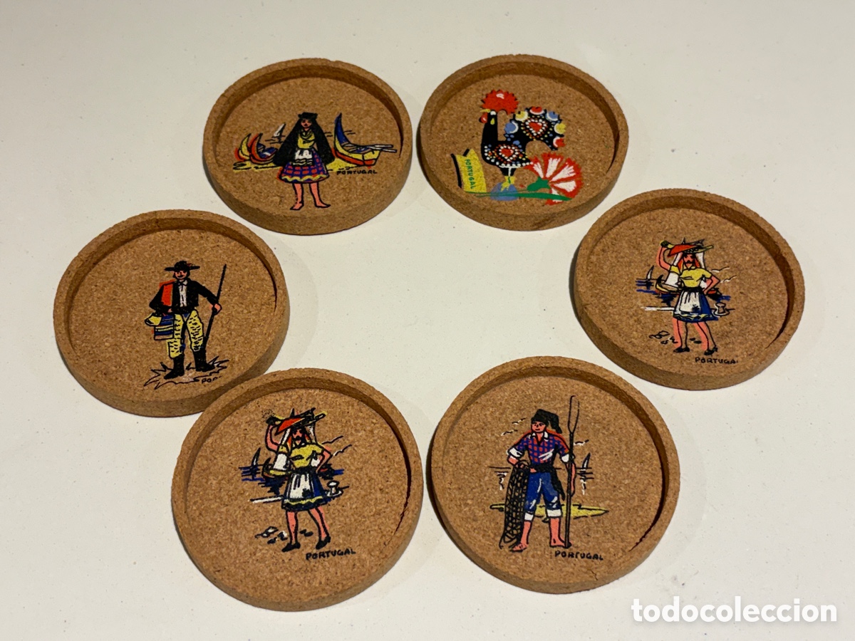 Vintage: (L725) Juego de 6 posavasos de corcho vintage &middot; Portugal &middot; Folklore y Gallo de Barcelos &middot; a&ntilde;os 60-70