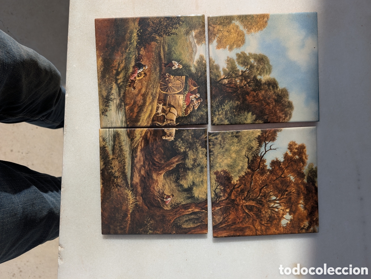 Vintage: Mural de 4 azulejos ceramicos antiguos Tres Cimas paisaje rural carro de bueyes J C van Hunnik