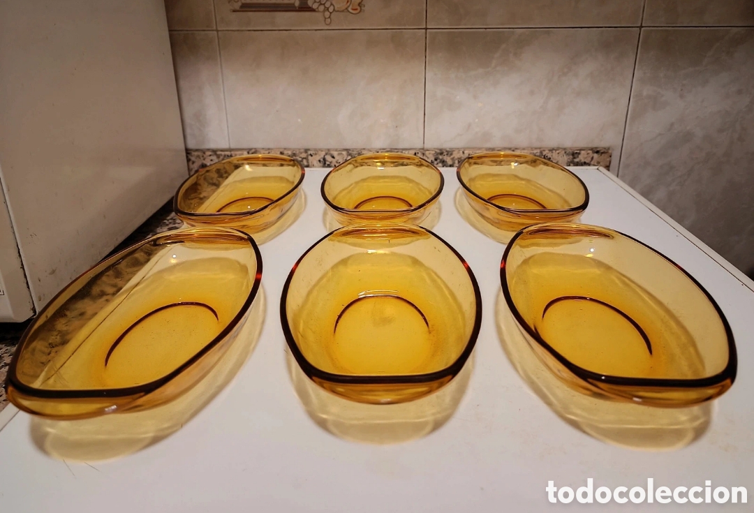 Vintage: Seis raviers de cristal de color &aacute;mbar