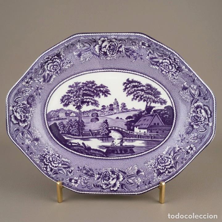 Vintage: Bandeja vintage inglesa Daher Decorated Ware metal litografiado paisaje azul lil&aacute;ceo 44 cm a&ntilde;os 70