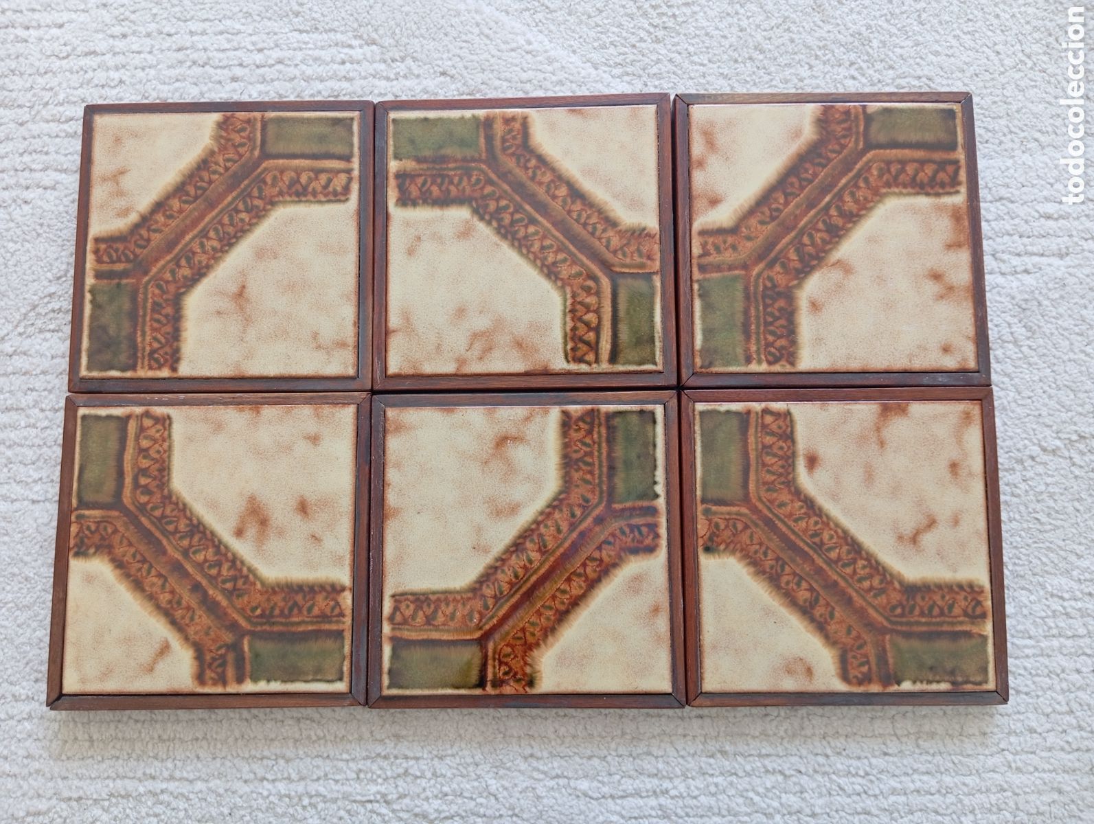 Vintage: Lote de 6 Azulejos esmaltados a&ntilde;os 60-70 ocre marr&oacute;n y verdes enmarcados