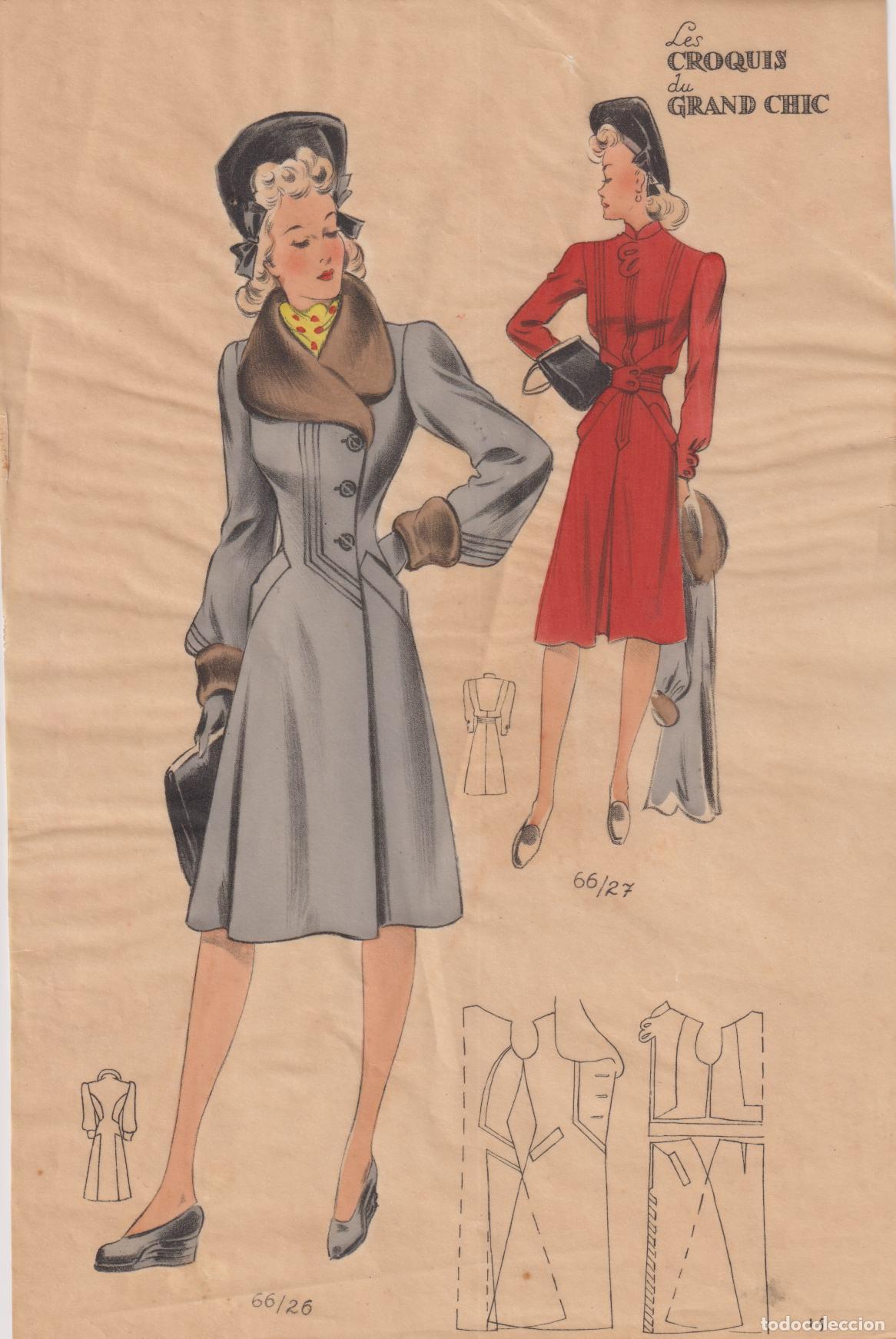 Vintage: ILUSTRACI&Oacute;N DE MODA VINTAGE PUBLICACI&Oacute;N LES CROQUIS DU GRAND CHIC A&Ntilde;OS 40 &ndash; PAPEL VEGETAL