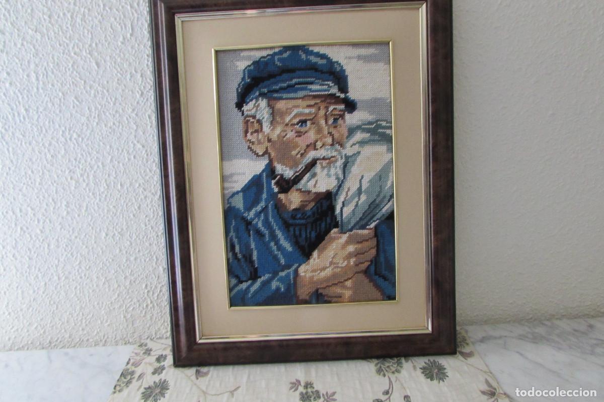 Vintage: Precioso Cuadro Bordado Punto de Cruz Pescador