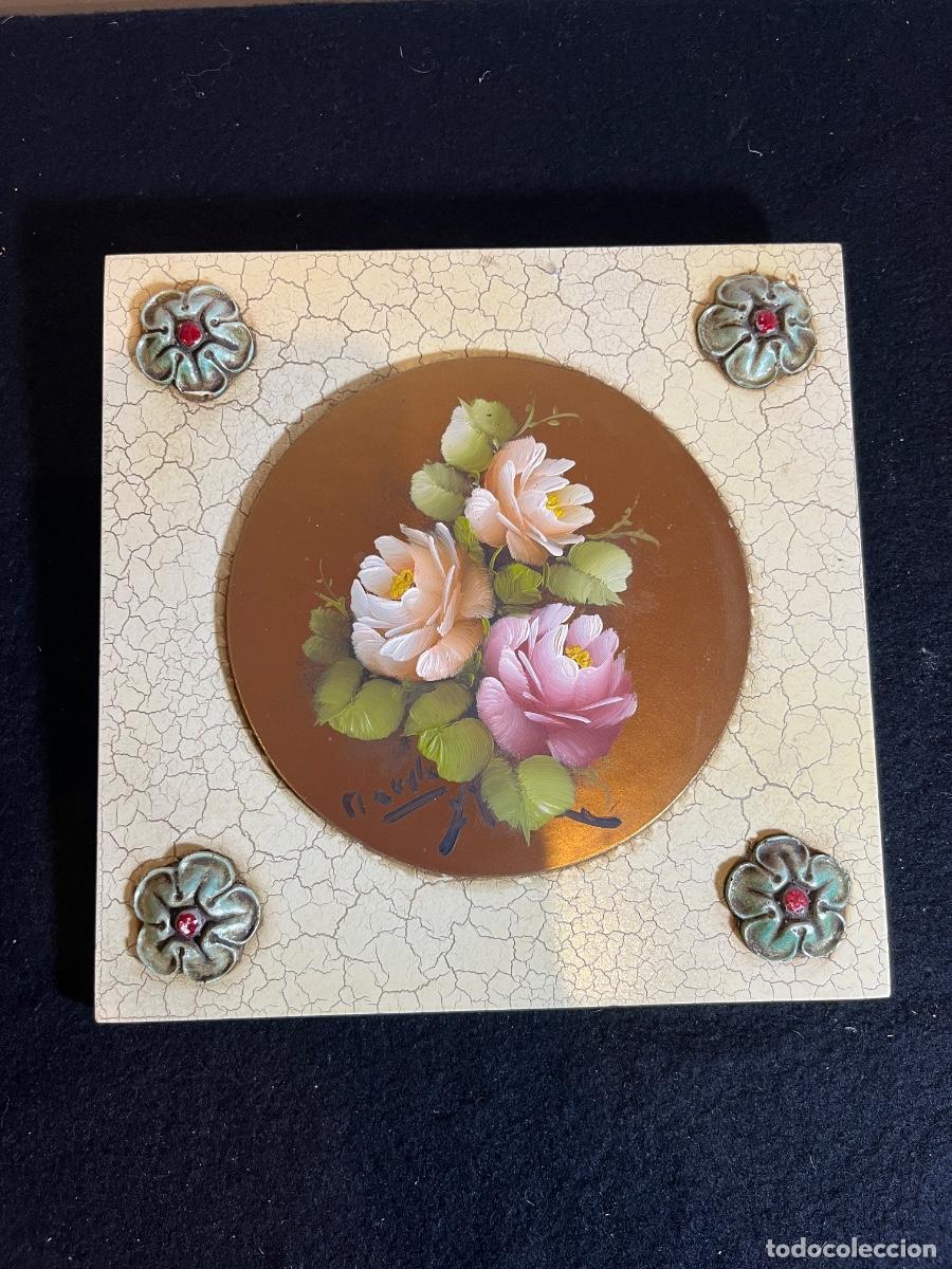 Vintage: Antiguo Cuadro Guarinos Modelo Rub&iacute; Flores Craquelado Vintage 15x15 Decoraci&oacute;n Retro