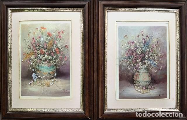 Vintage: CONJUNTO DE DOS CUADROS ESMALTADOS ENMARCADOS CON PASPARTU BODEGONES FLORES - CUADRO-1136