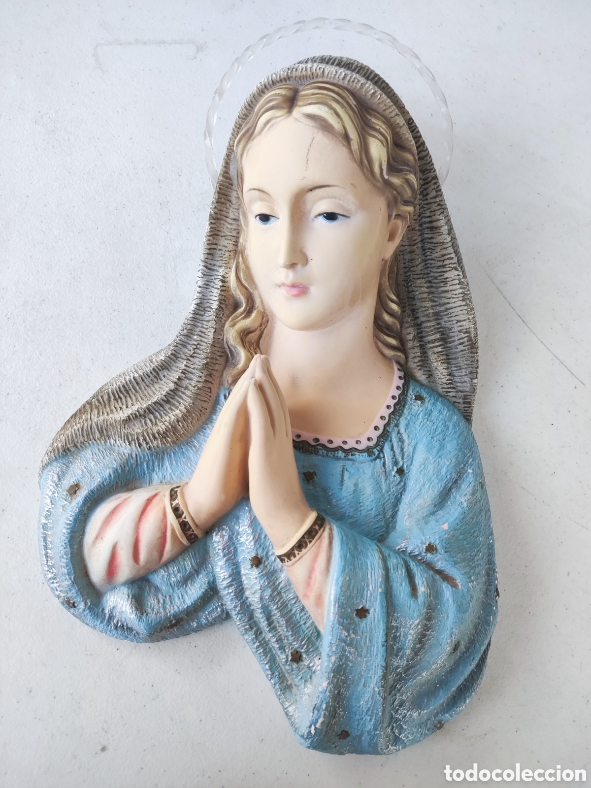 Vintage: Antigua Virgen de la Humildad en relieve de pared - Escayola/Plaster policromada - Ideales Dormitori