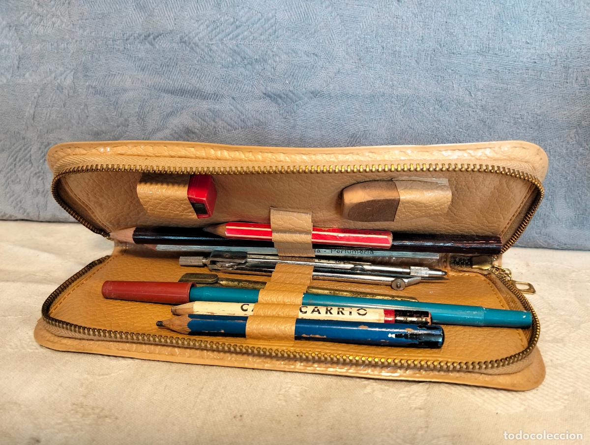Vintage: Estuche porta-l&aacute;pices de colegio vintage a&ntilde;os 70-80 portal&aacute;pices con utensilios comp&aacute;s l&aacute;piz goma