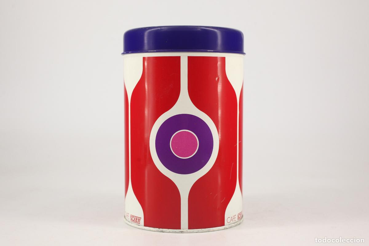 Vintage: bote lata caf&eacute; Soley Simel Espa&ntilde;a Estudi Baques azul rojo blanco a&ntilde;os 70 vintage