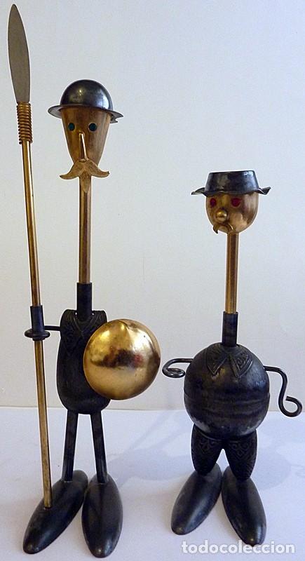 Vintage: DON QUIJOTE Y SANCHO - FIGURAS EN LAT&Oacute;N Y ALUMINIO - LANZA Y ESCUDO M&Oacute;VILES