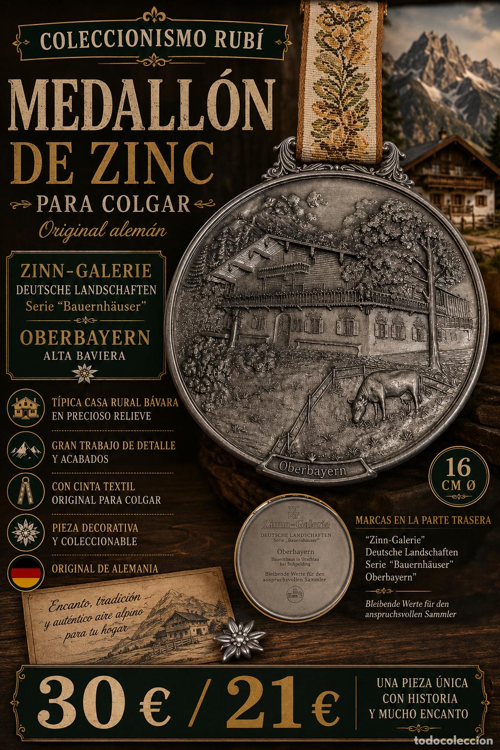 Vintage: MEDALL&Oacute;N ZINC ALEM&Aacute;N PARA COLGAR | ZINN GALERIE | OBERBAYERN | RELIEVE | 16 CM &Oslash;
