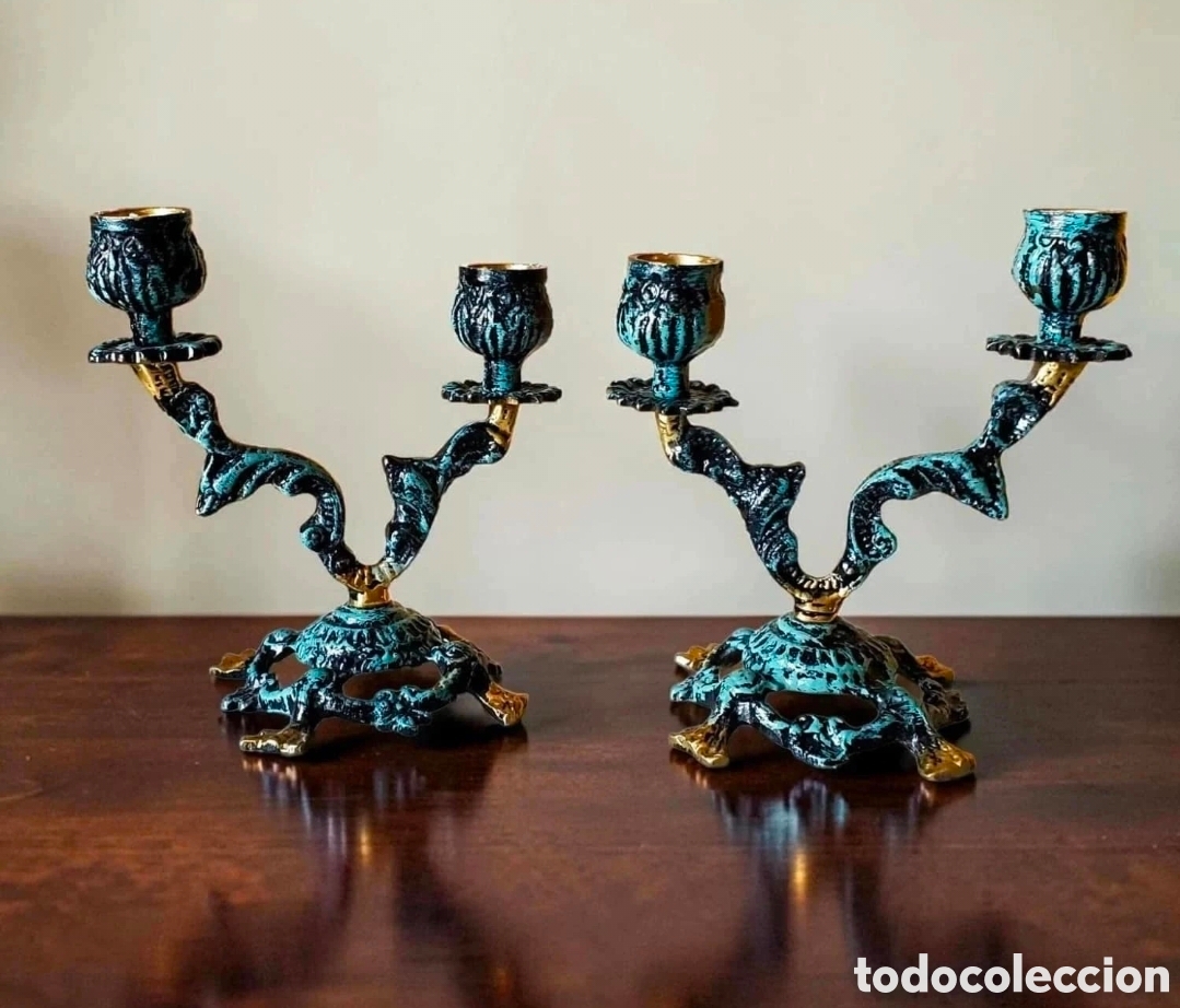 Vintage: Pareja candelabros barrocos vintage metal verde dorado