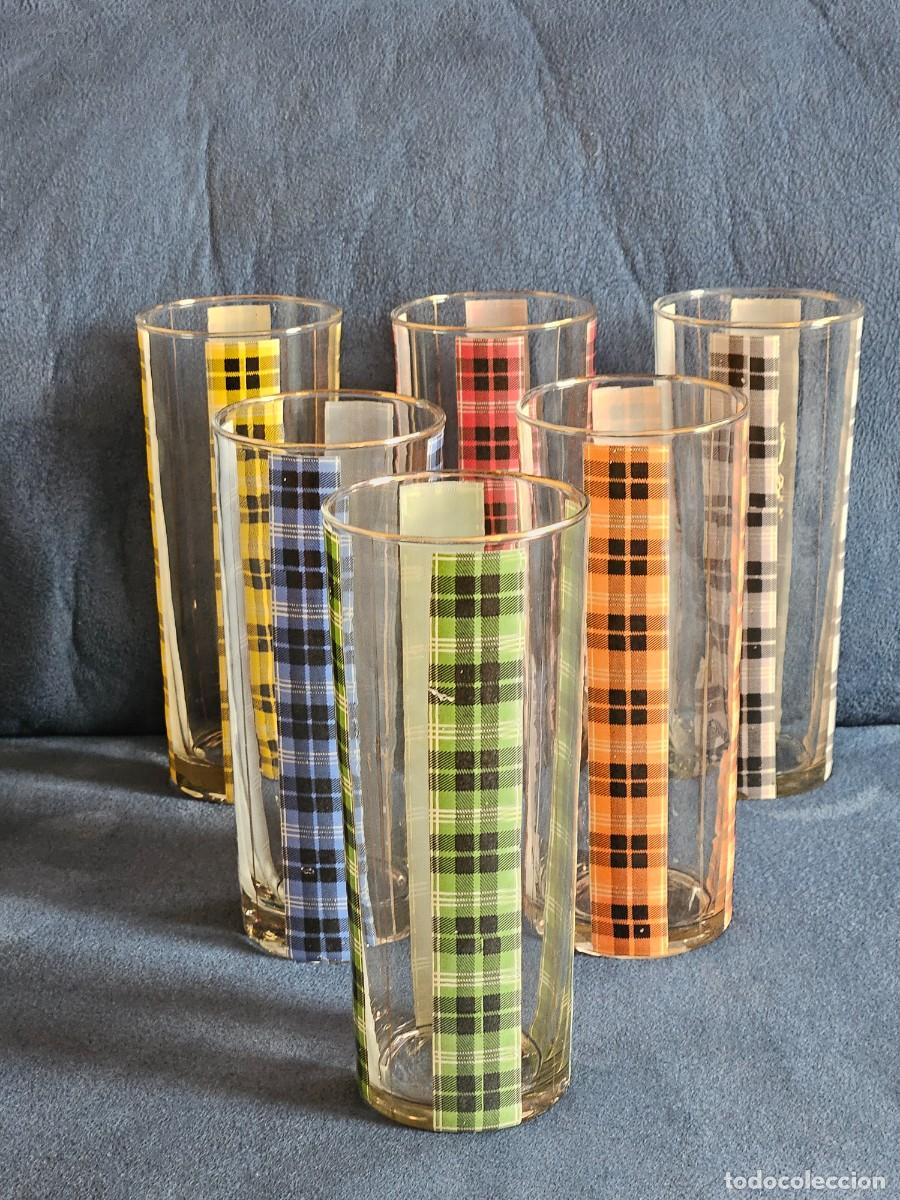Vintage: Antiguo Lote 6 Vasos De Tubo Vidrio Transparente Con Patr&oacute;n Cuadros Escoceses Varios Colores.