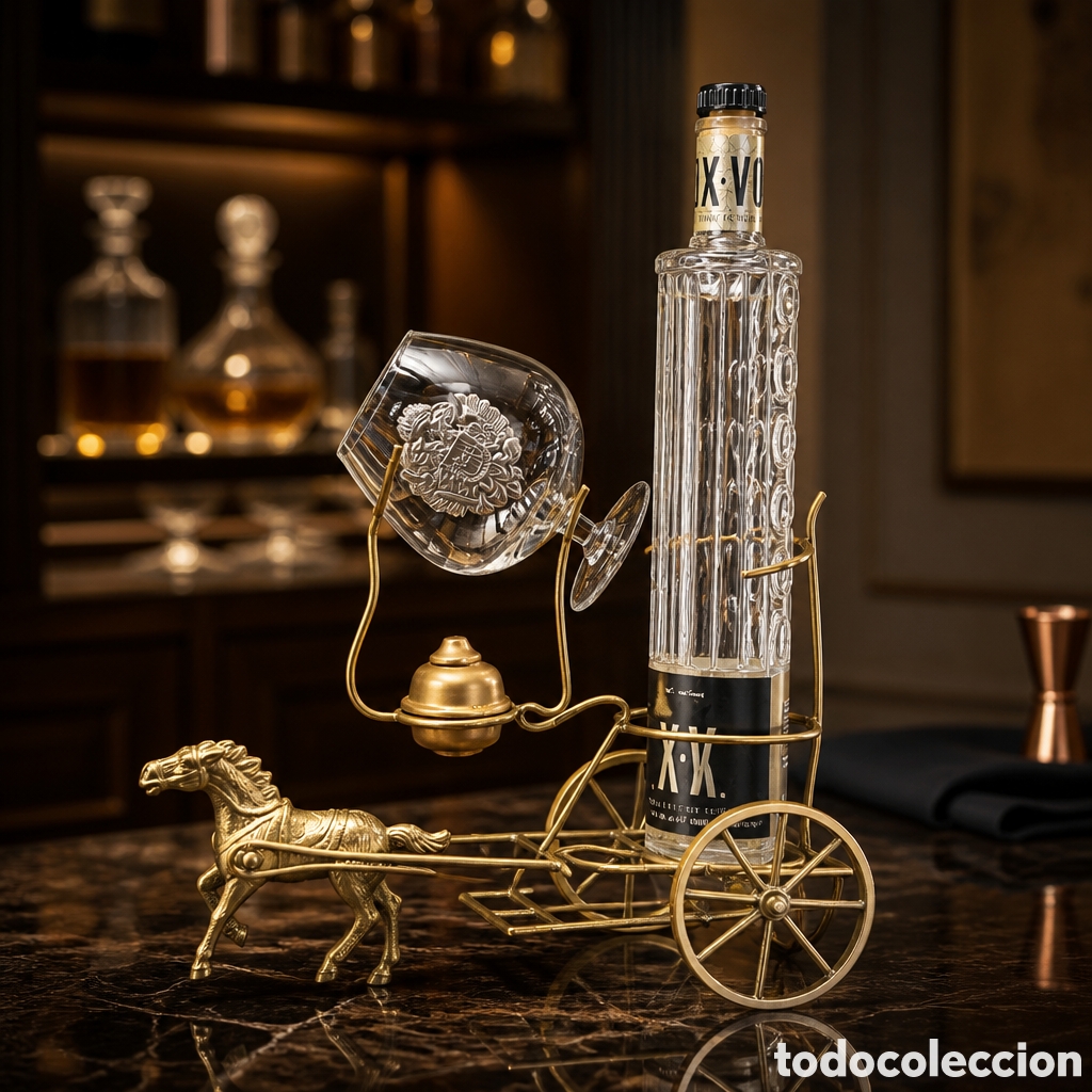 Vintage: Antiguo soporte licorero vintage con caballo y copa grabada &ndash; carrito bar decorativo retro