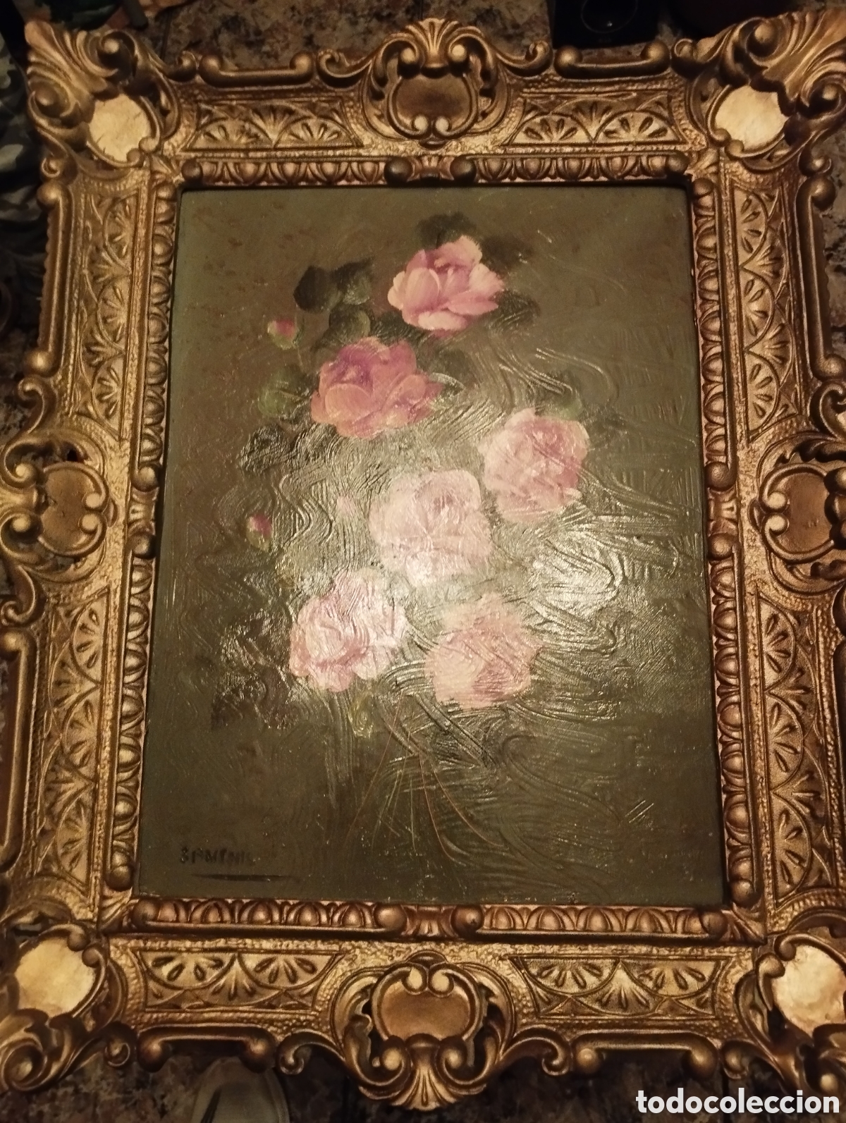 Vintage: Precioso cuadro vintage con un ramo de rosas pintadas. Un toque de elegancia para cualquier espacio.