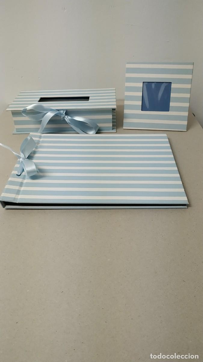 Vintage: CONJUNTO DE TRES PIEZAS ALBUM, MARCO FOTOS Y CAJA DE PA&Ntilde;UELOS PARA RECIEN NACIDO