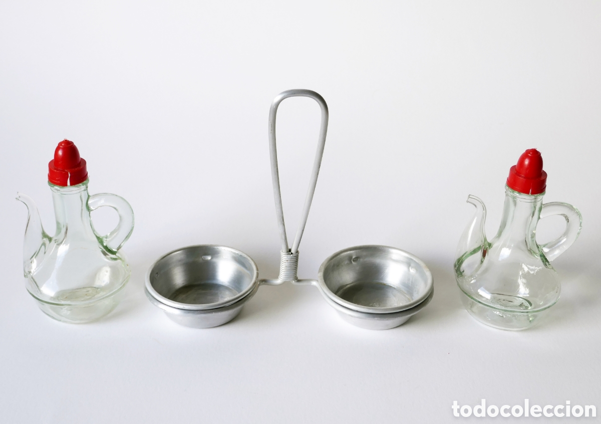 Vintage: CONJUNTO VINAGRERA ACEITERA ALCUZAS CRISTAL Y ALUMINIO ATREZZO VINTAGE A&Ntilde;OS 50 60