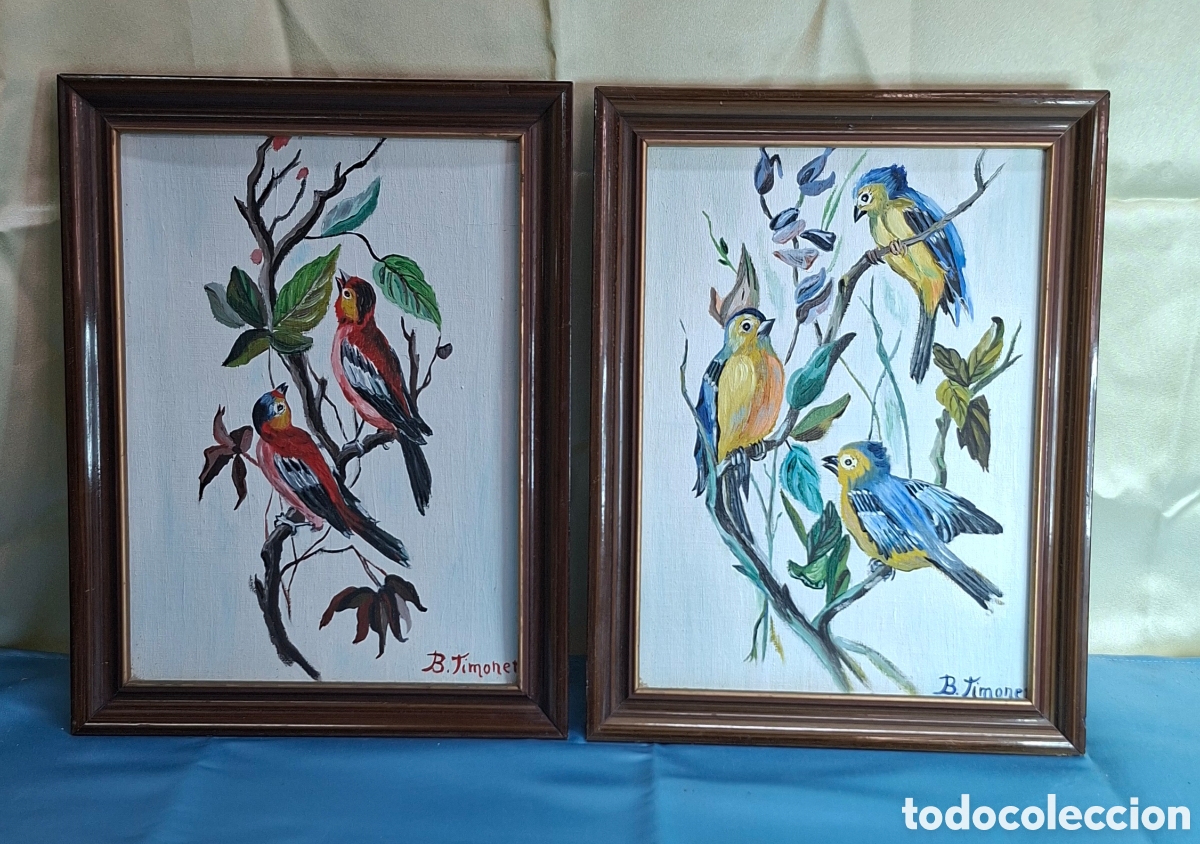 Vintage: 2 &Oacute;leos p&aacute;jaros sobre cart&oacute;n