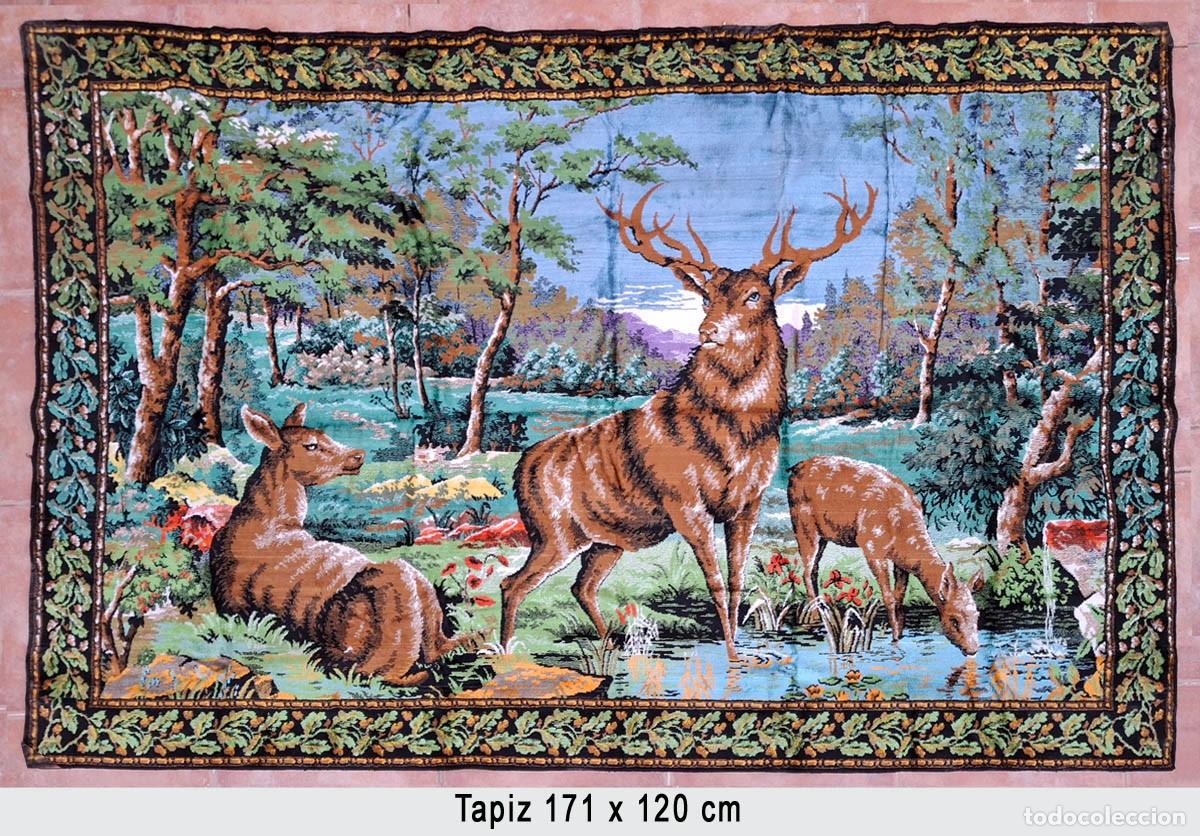 Vintage: Tapiz decorativo vintage con ciervos en bosque, gran formato 171 x 120 cm