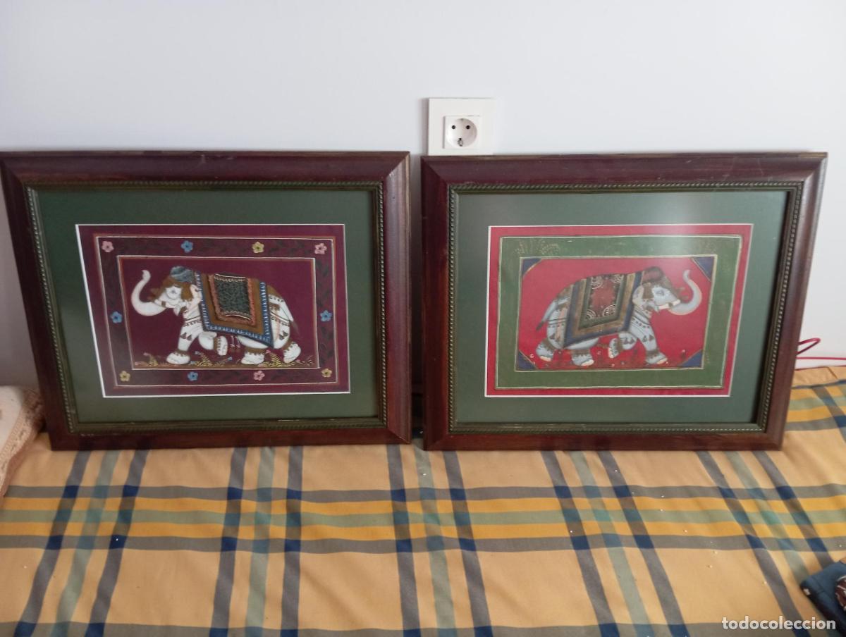 Vintage: CUADROS DE MADERA CON ELEFANTES EN TEXTIL DE TEMATICA HIND&Uacute;. - Foto 2