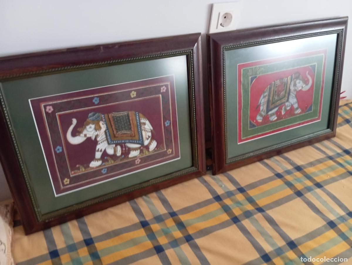 Vintage: CUADROS DE MADERA CON ELEFANTES EN TEXTIL DE TEMATICA HIND&Uacute;. - Foto 3