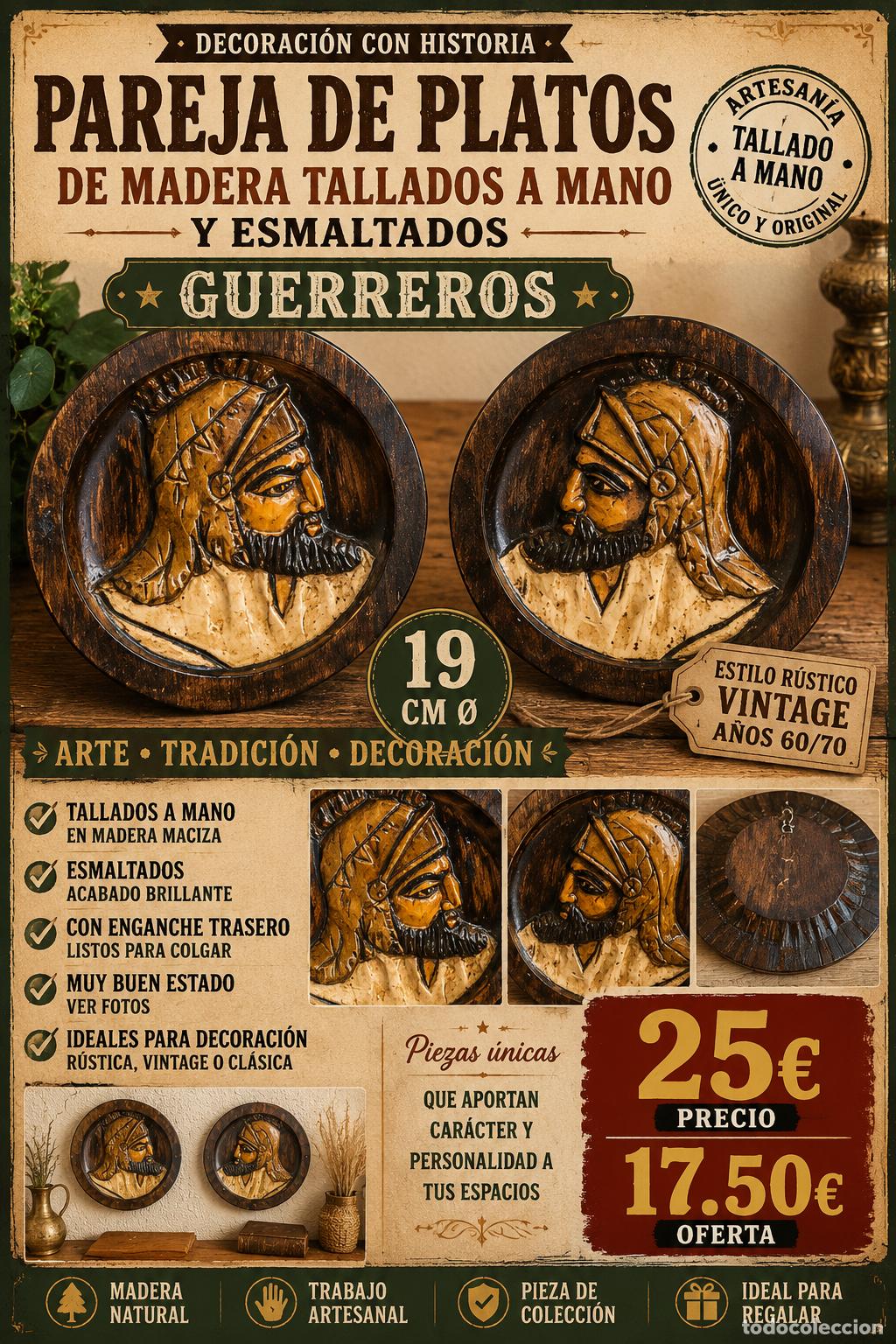 Vintage: PAREJA PLATOS MADERA TALLADOS A MANO | GUERREROS | ESMALTADOS | DECORACI&Oacute;N VINTAGE
