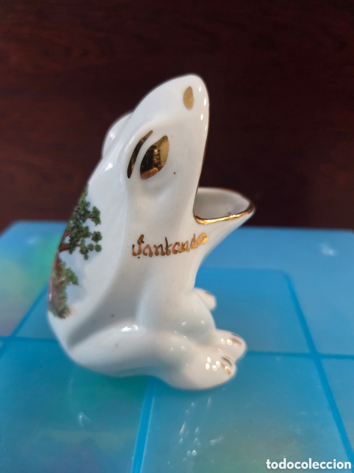 Vintage: Rana Porta-Palillos de Porcelana Vintage con Detalles Dorados