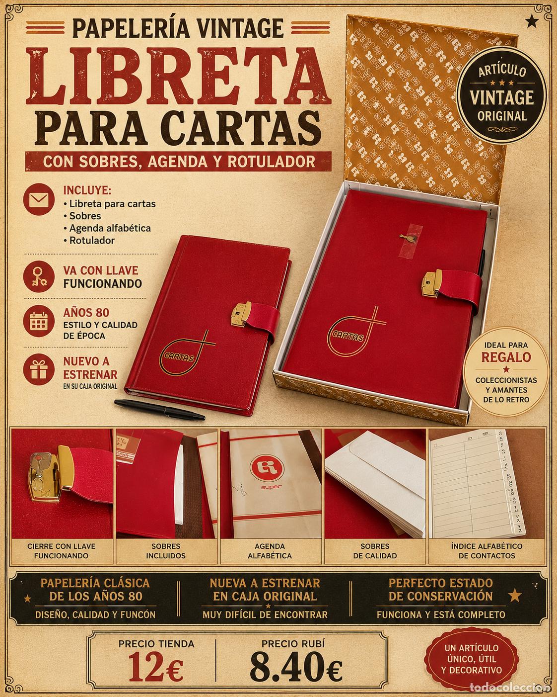 Vintage: LIBRETA CARTAS VINTAGE CON LLAVE | SOBRES AGENDA ROTULADOR | A&Ntilde;OS 80 | NUEVA