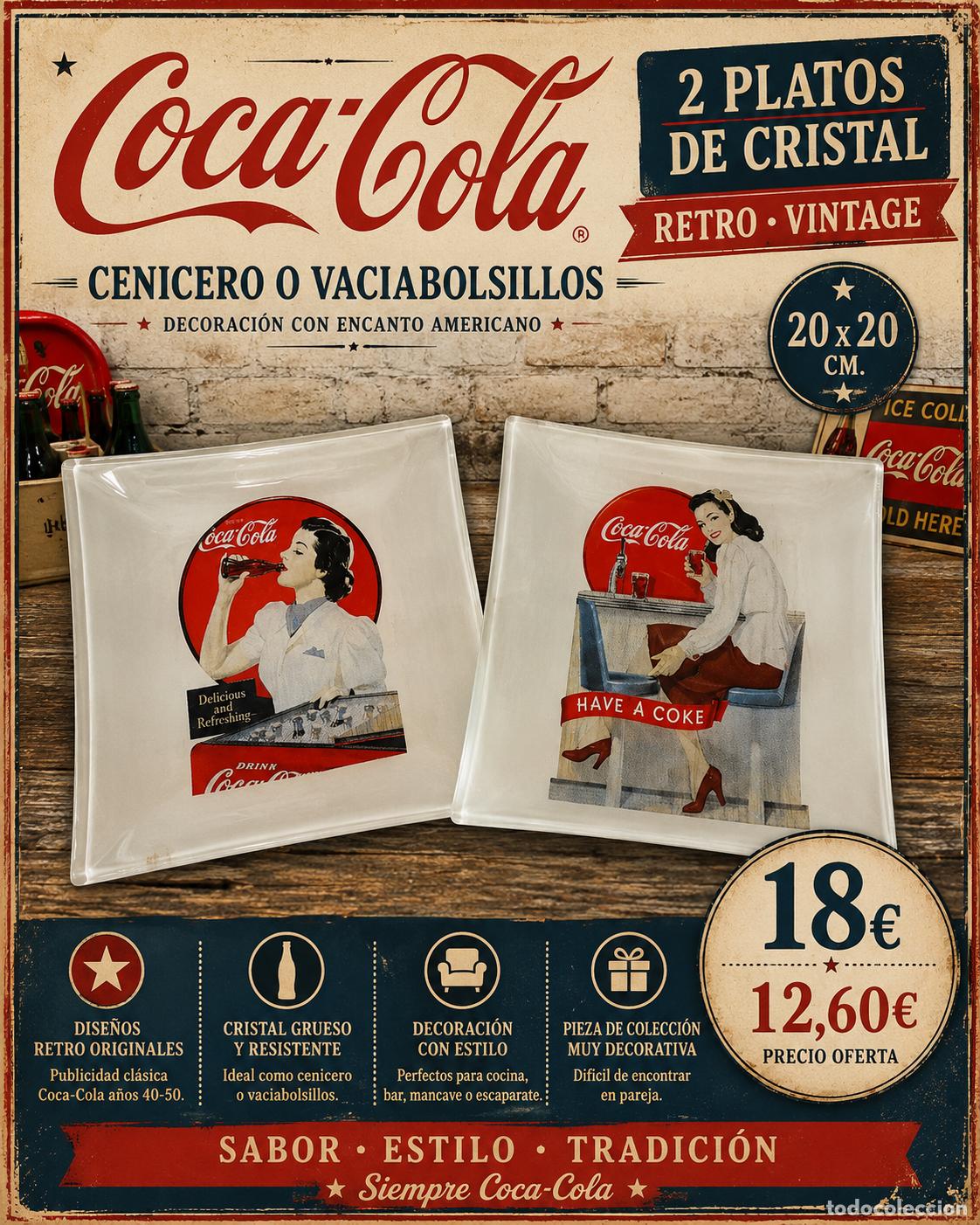 Vintage: COCA-COLA | 2 PLATOS DE CRISTAL RETRO VINTAGE | VACIABOLSILLOS DECORACI&Oacute;N