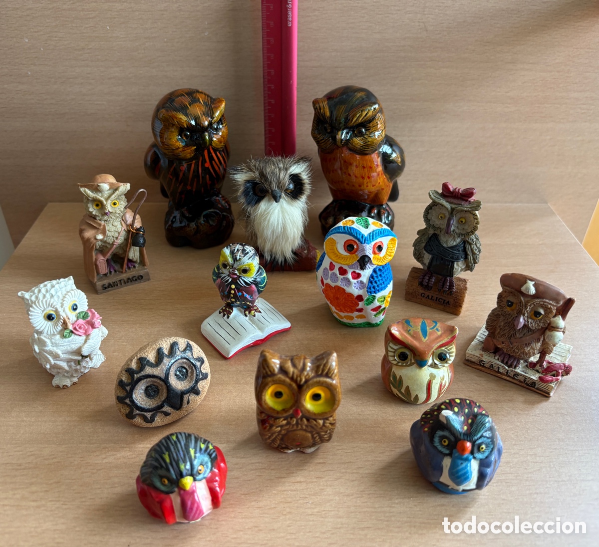 Vintage: (L763) Colecci&oacute;n 14 figuras b&uacute;ho/lechuza &mdash; cer&aacute;mica, resina, pelo natural &mdash; artesan&iacute;a y souvenir