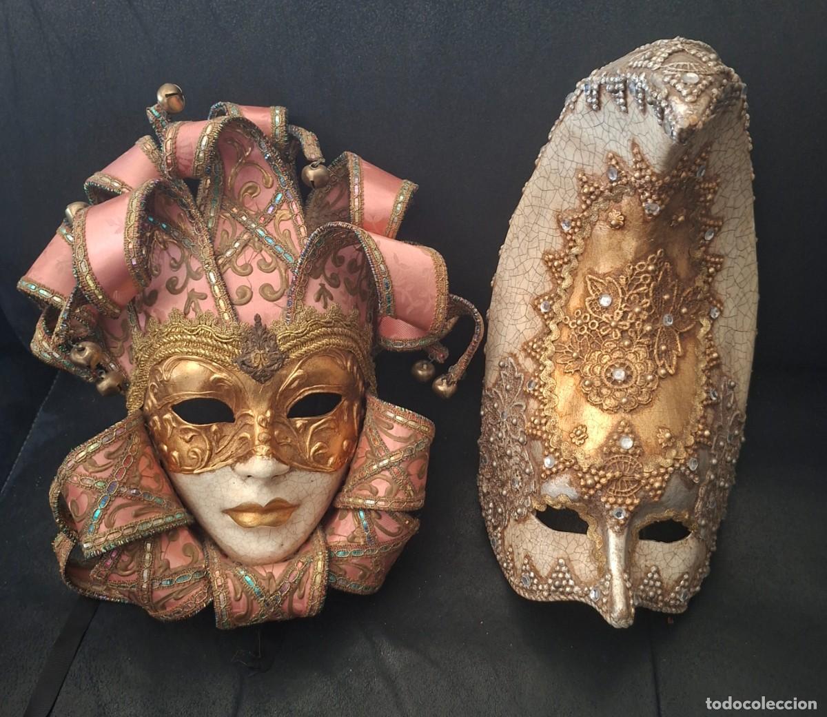 Vintage: Pareja de M&aacute;scaras Venecianas Artesanales &ndash; Decoraci&oacute;n vintage Papel Mach&eacute; &ndash; Hechas en Venecia