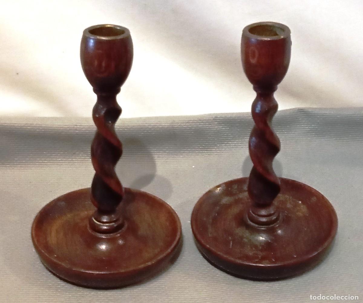 Vintage: Pareja Candelabros Madera Antiguos