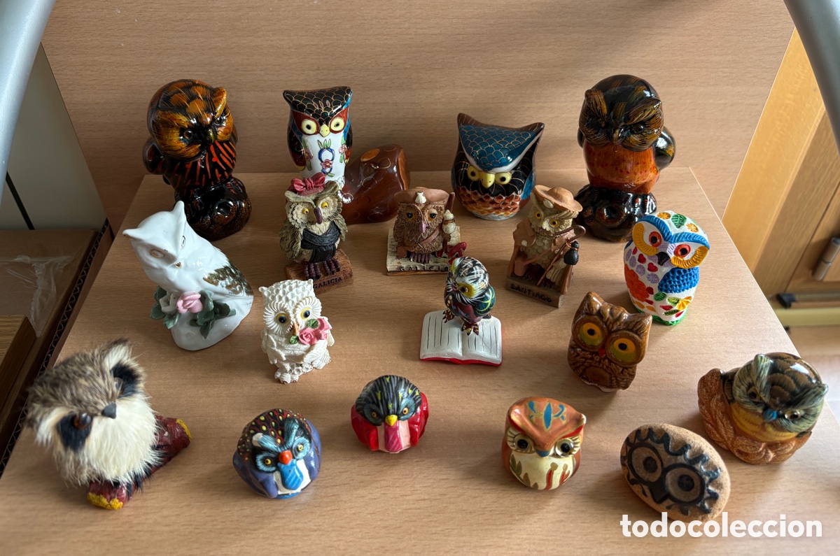 Vintage: (L763) Colecci&oacute;n 18 figuras b&uacute;ho/lechuza &mdash; cer&aacute;mica, resina, pelo natural &mdash; artesan&iacute;a y souvenir