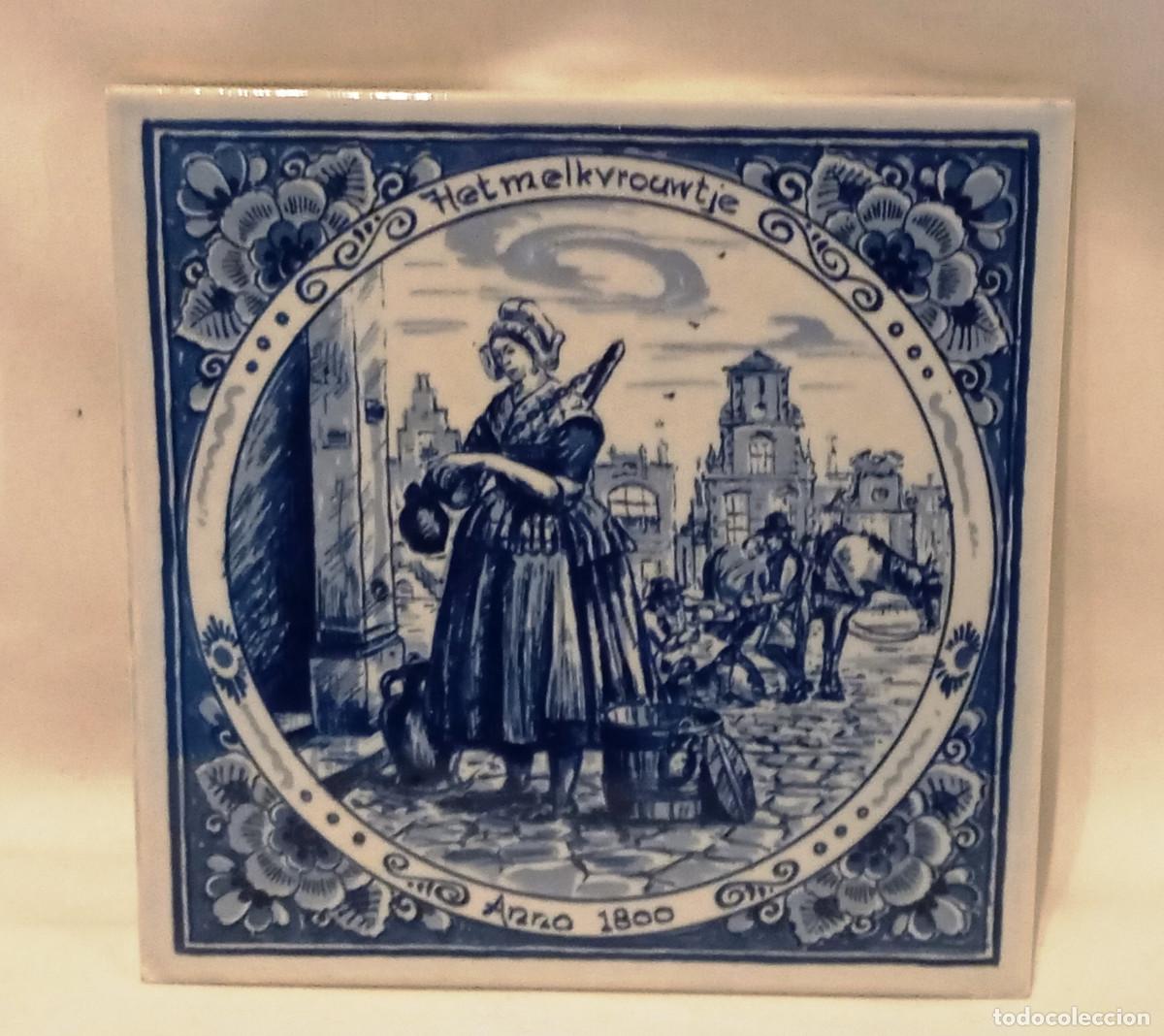Vintage: Azulejo Delft Blue Het melkmeisje Anno 1800. Precioso azulejo de cer&aacute;mica estilo Delft Blue