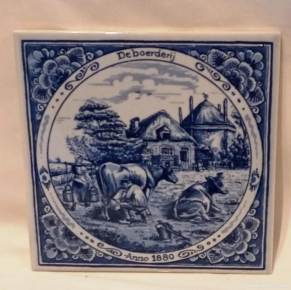 Vintage: Azulejo Delft Blue De Boerderij Anno 1880. Azulejo de cer&aacute;mica estilo Delft Blue