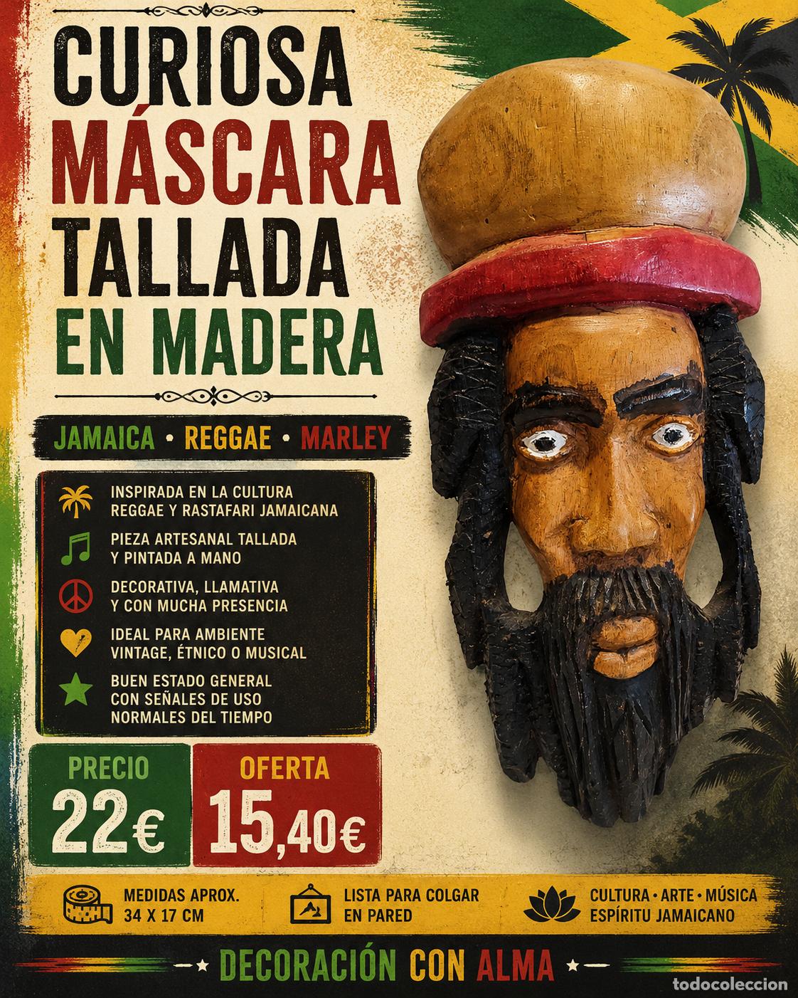 Vintage: CURIOSA M&Aacute;SCARA TALLADA EN MADERA | JAMAICA | REGGAE | MARLEY | 34X17 CM