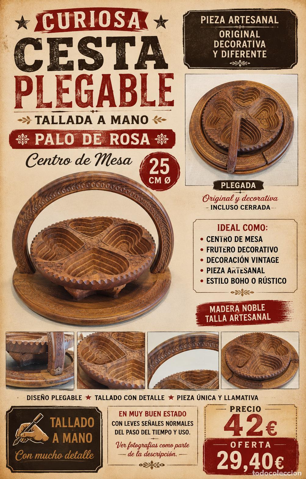 Vintage: CURIOSA CESTA PLEGABLE | PALO DE ROSA | TALLADA A MANO | CENTRO DE MESA | 25 CM