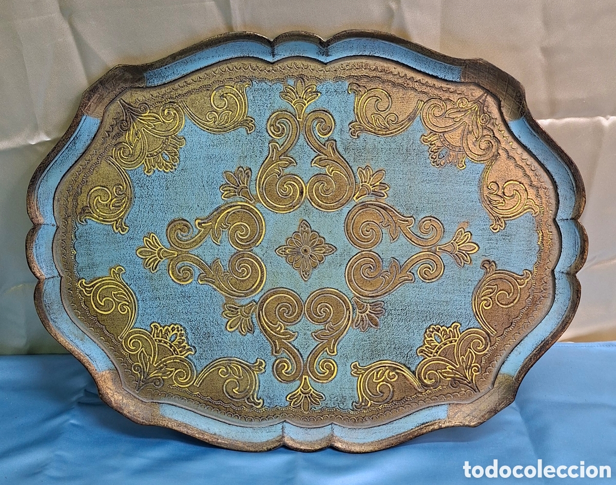 Vintage: Bandeja decorativa azul y dorada