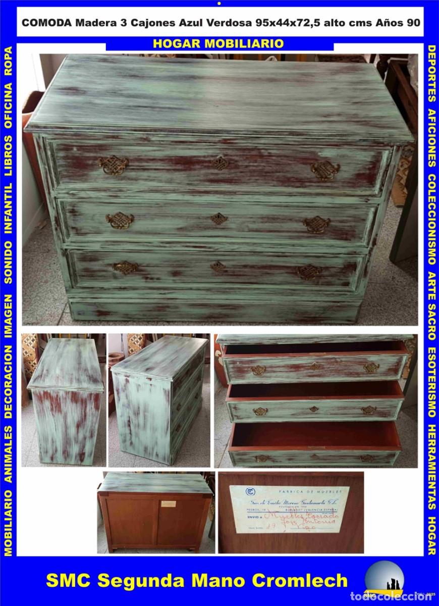 Vintage: COMODA Madera 3 Cajones Color Azul Verdoso 95 largox44anchox72,5 alto cms.Fabricada en BURJASOT