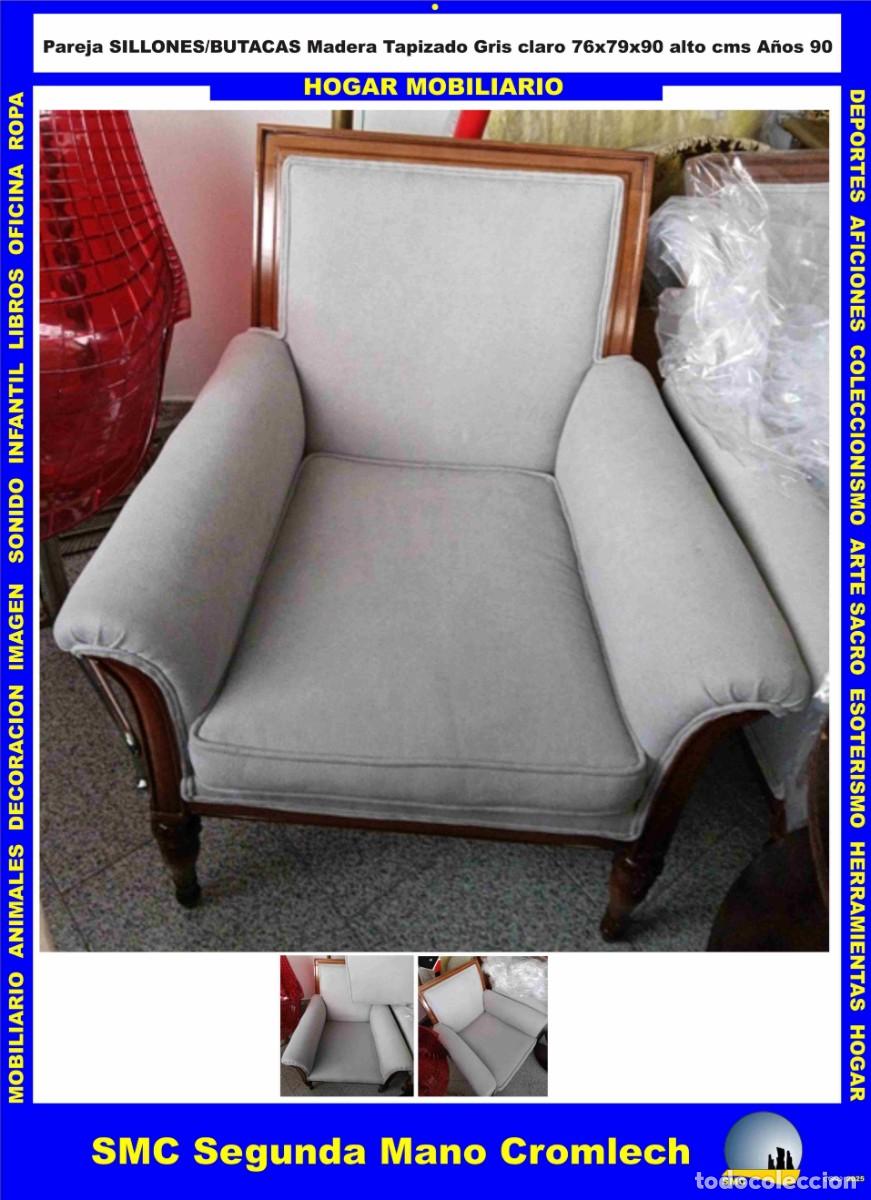 Vintage: Pareja SILLONES/BUTACAS Madera Tapizado Gris Claro 76x79x90 alto Muy buen estado. Calidad Pret&eacute;rita