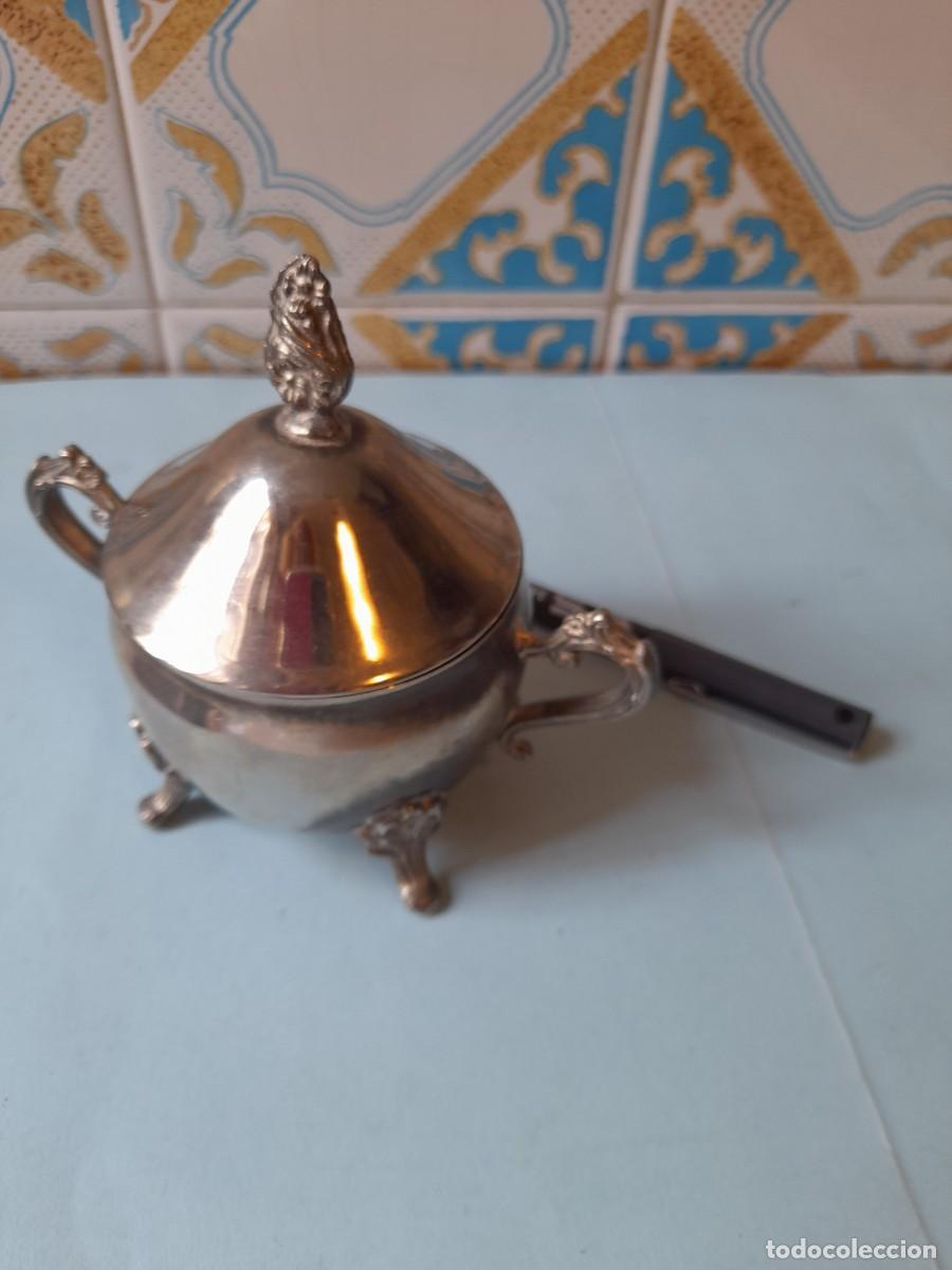 Vintage: Azucarero metal plateado con tapa y 4 patitas