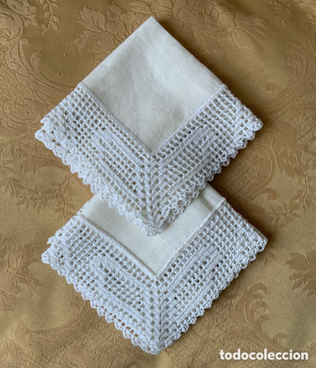 Vintage: 2 ANTIGUAS SERVILLETAS DE LINO CON ENCAJE DE GANCHILLO HECHO A MANO