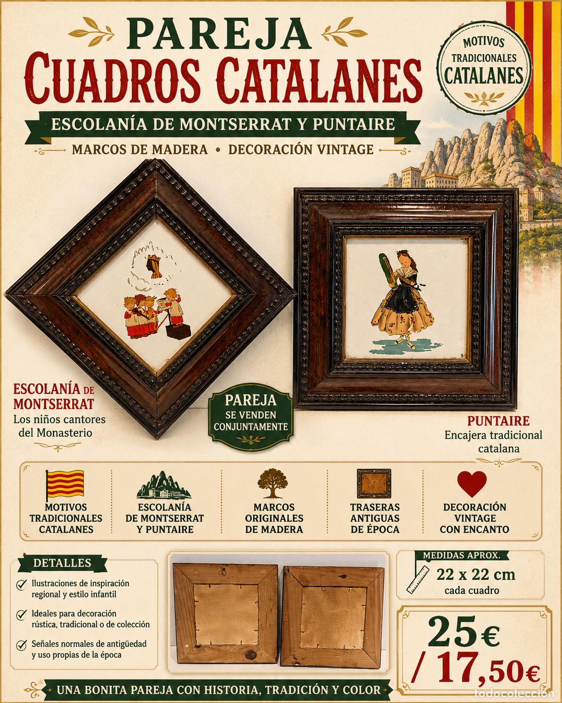 Vintage: PAREJA CUADROS CATALANES | ESCOLAN&Iacute;A DE MONTSERRAT Y PUNTAIRE | MARCOS MADERA | VINTAGE