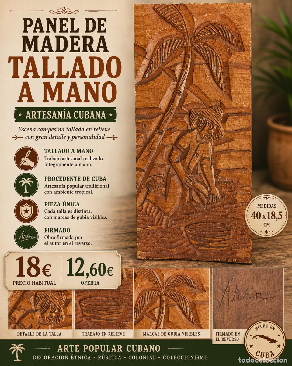Vintage: PANEL TALLADO A MANO | CAMPESINO BAJO PALMERA | ARTESAN&Iacute;A CUBANA FIRMADA | 40 CM