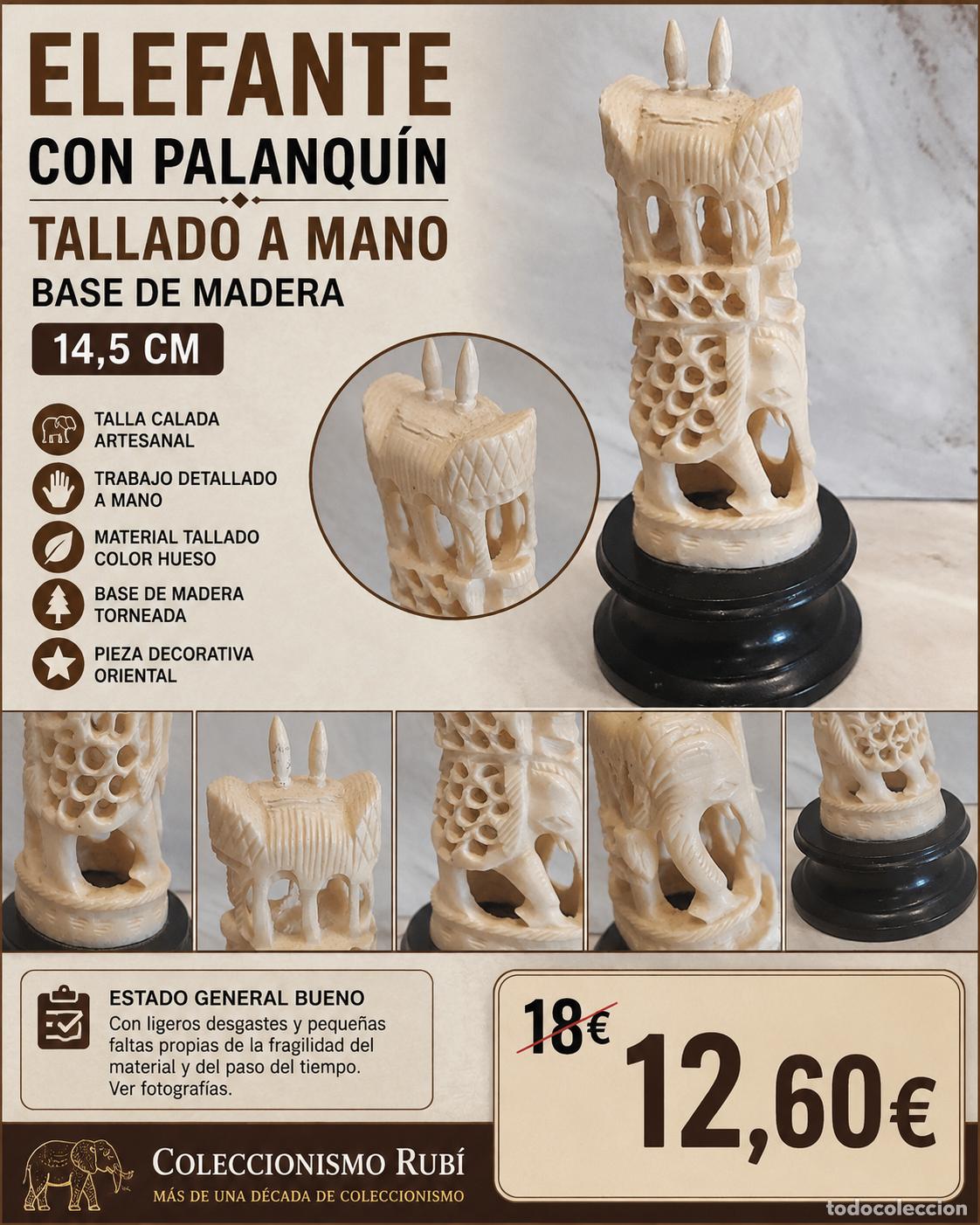 Vintage: ELEFANTE CON PALANQU&Iacute;N TALLADO A MANO | ESCULTURA ORIENTAL CALADA | BASE MADERA | 14,5 CM
