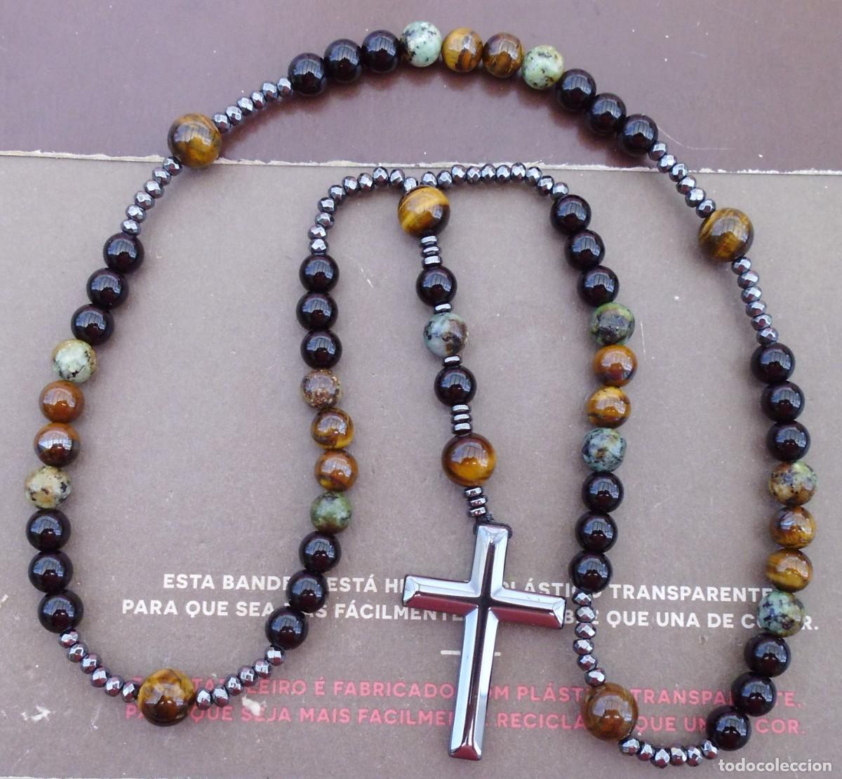 Vintage: Rosario artesanal de piedras naturales y cruz de hematite