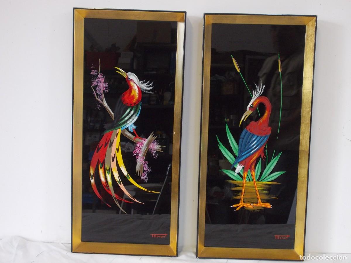 Vintage: fantastica pareja de cuadros vintage a&ntilde;os 50, cristal pintado figuras p&aacute;jaros mid century, kitsch