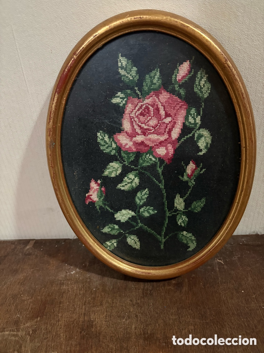 Vintage: BONITO CUADRO VINTAGE BORDADO ROSA
